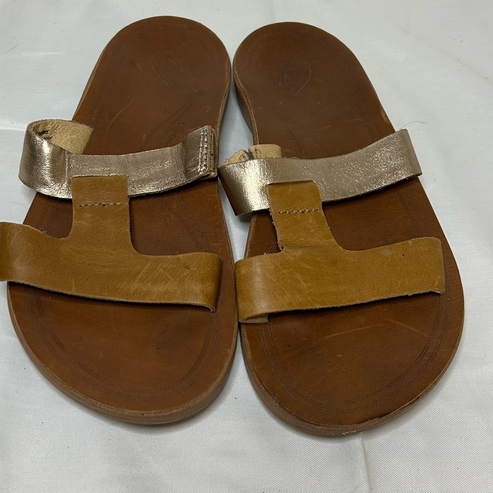 OluKai Tan and Gold Women's Sandals